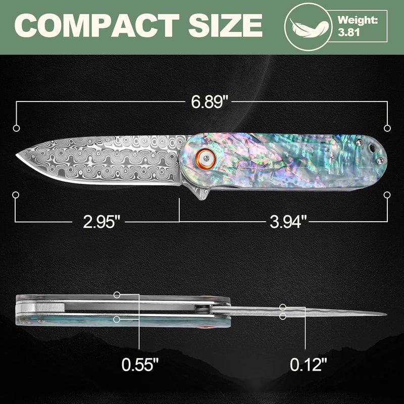 Zingbee Damascus Pocket Knife with Sheath 2.95" Damascus Steel Blade Folding Knife with Abalone Shell Handle EDC Pocket Knives for Men Women Outdoor Indoor Camping - Image 2